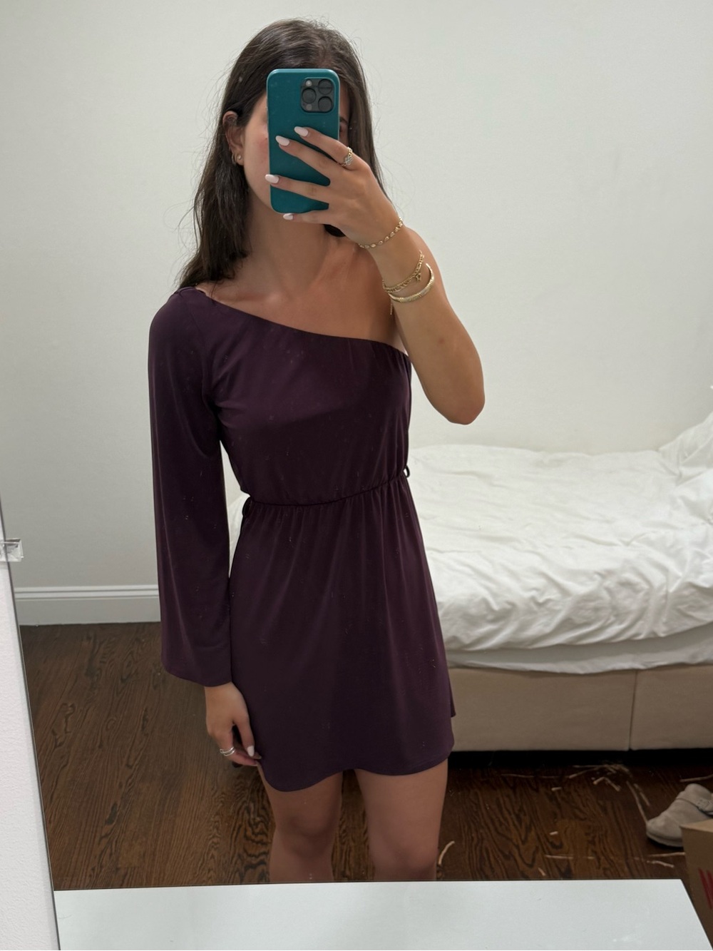 Charlotte Russe One-Shoulder Long-Sleeve Mini Dress in Plum